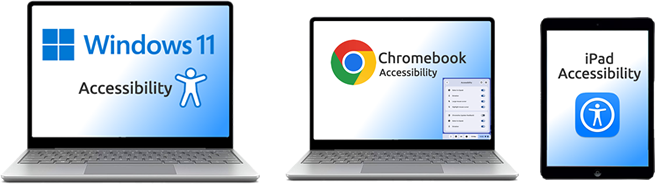 Different devices with logos Windows, Chromebook and iOS.