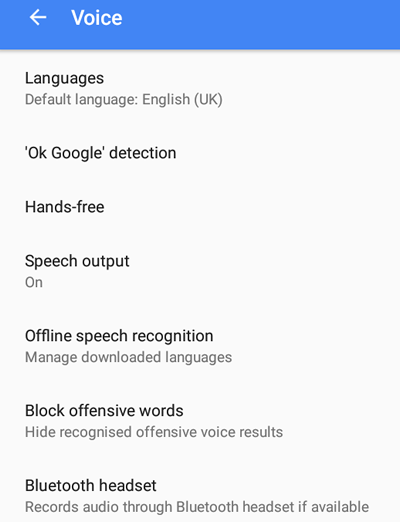Google Voice typing options 