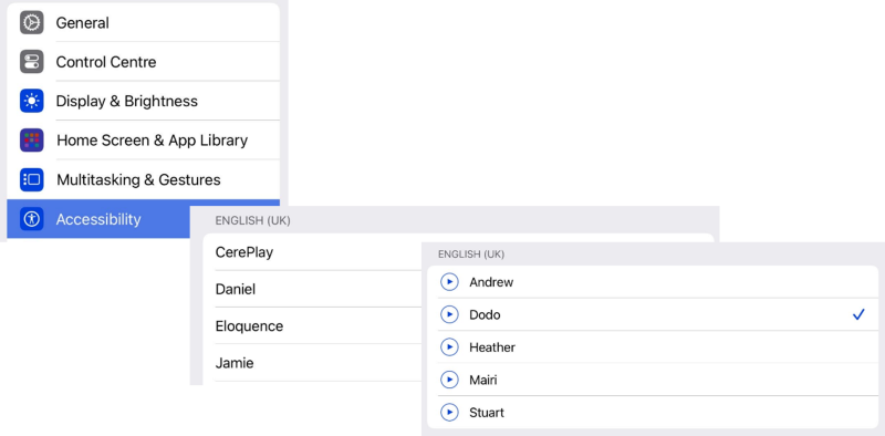 screen shot showing how to choose a voice in Settings