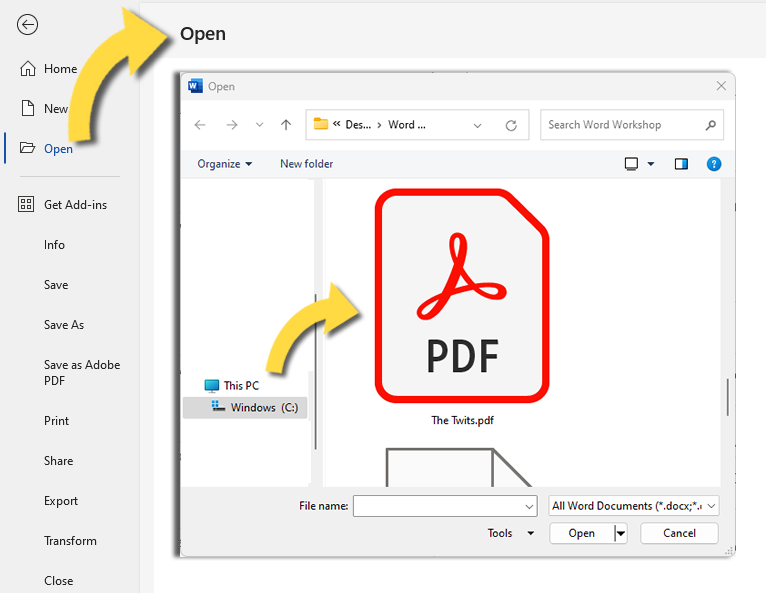 Opening a PDF in Word. 