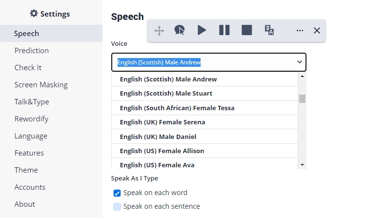 Screenshot showing Read&Write Speech settings