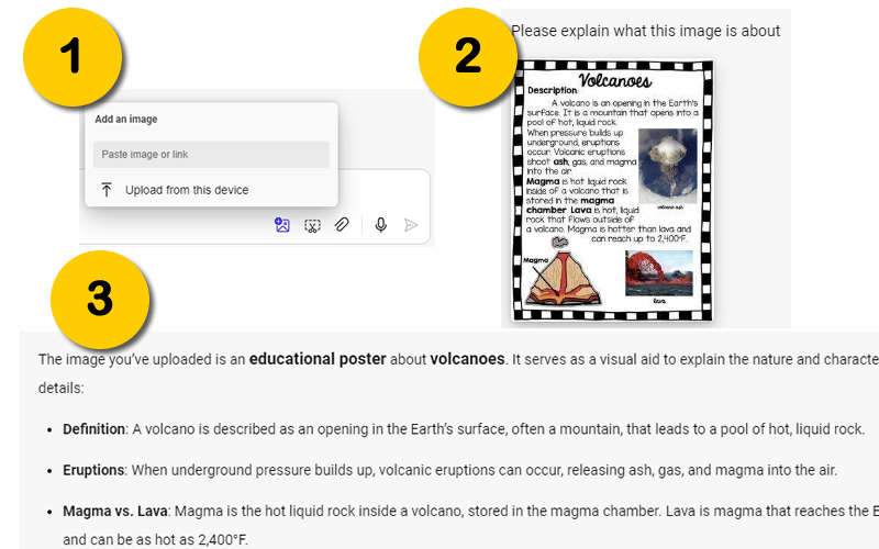 Using Copilot to convert images to text - step one open copilot and add an image and ask copilot to explain the image. Press send and copilot will provide an explanation. 