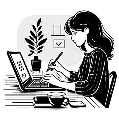 drawing of a woman using a laptop