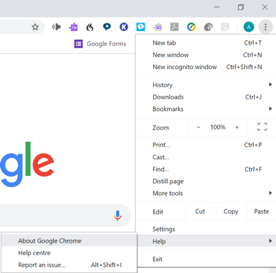 Screenshot showing how to check version of Chrome browser 