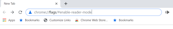 Illustration showing where to type instruction to enable reader mode in Chrome
