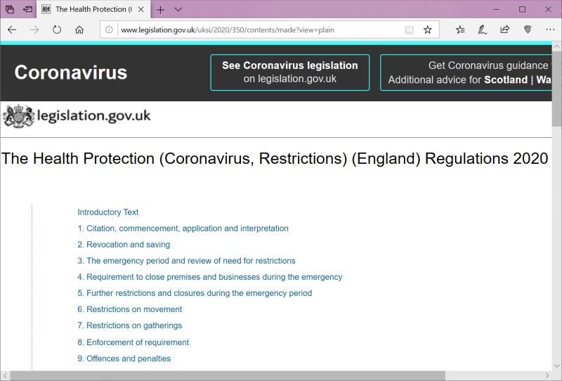 Screen shot of web page of Coronovirus legislation