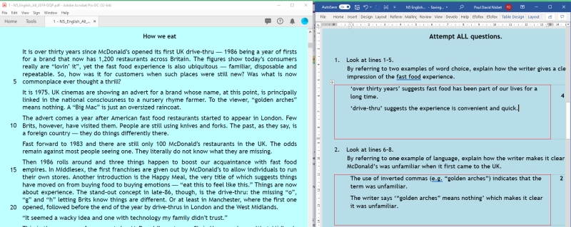 Screen shot of an English question paper with answer booklet to the righ hand side