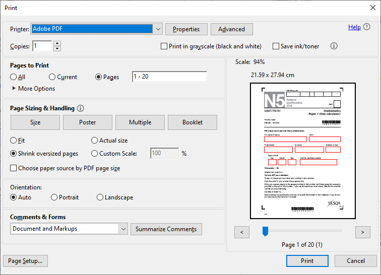 screen shot of the Adobe Reader print dialog box