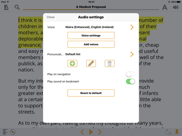 Audio settings in EasyReader