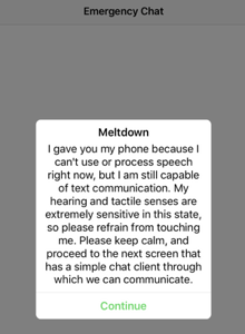 Opening screen of Emergency Chat explains why user can't speak