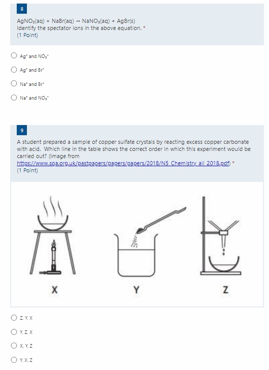 a screen short of multiple choice National 5 Chemistry questions in a Microsoft Form