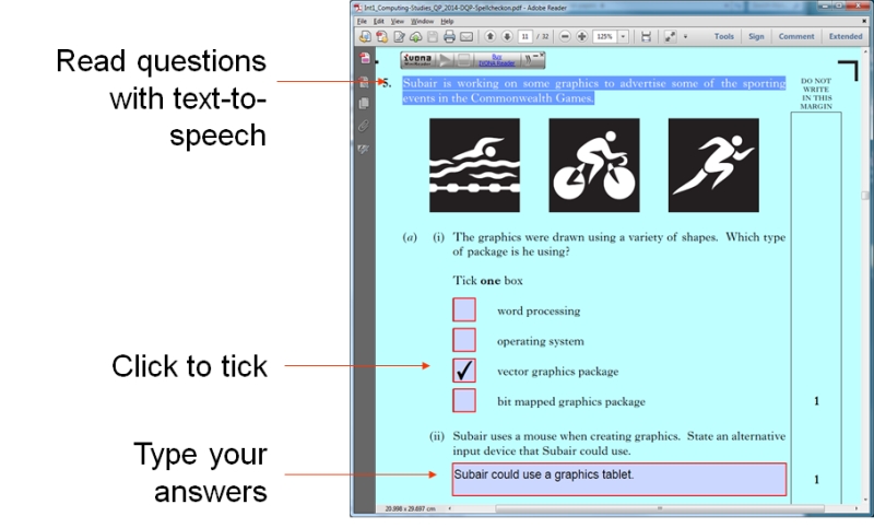 a screen shot of a digital question paper, showing how questions can be read with text-to-speech, multiple choice answered by clicking or tapping, and that answers can be typed in