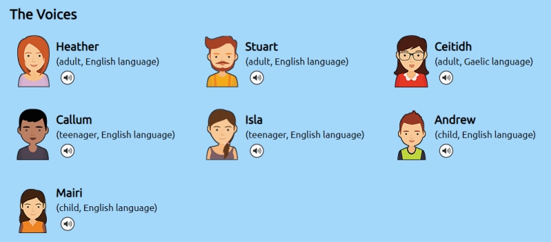 screen shot showing voices available from Scottish voice web site