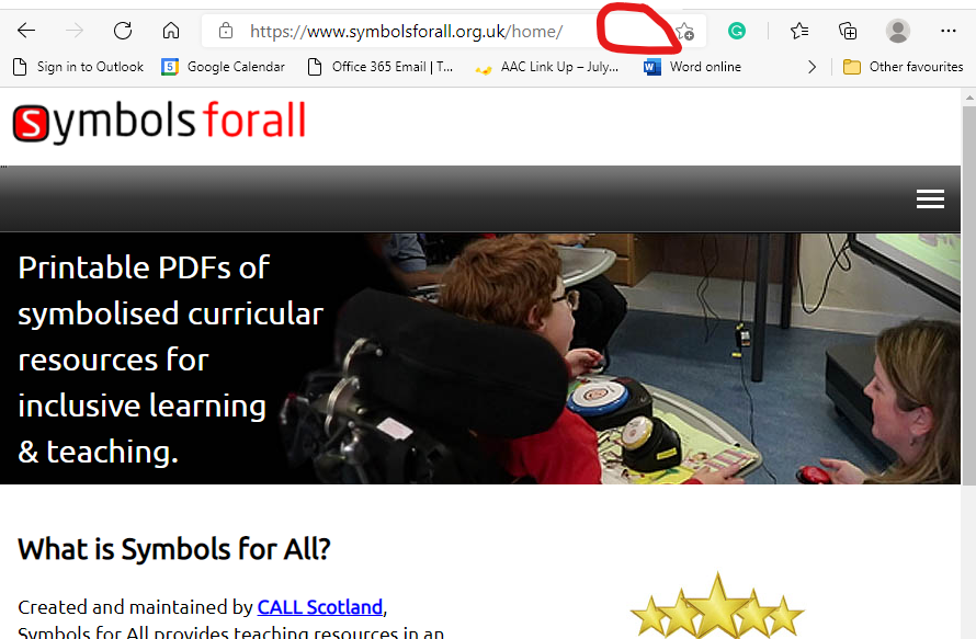 Symbols for All web site in Edge with image of child and text. Empty space where Immersive Reader icon outlined with red.