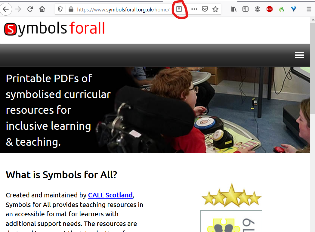 Symbols for All web site in Firefox with image of child and text. Reader view icon outlined with red.