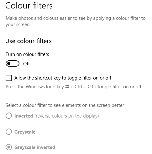Colour filters panel