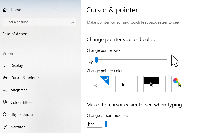 How to change the mouse pointer size, color, and thickness